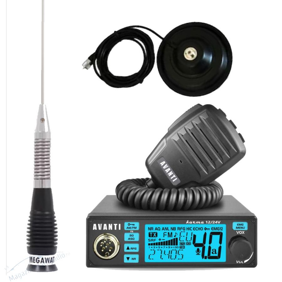 Kit Statie Radio Avanti Karma PRO 2025 MSR 12/24V ASQ, ecou + Antena CB Megawat ML 100 mag