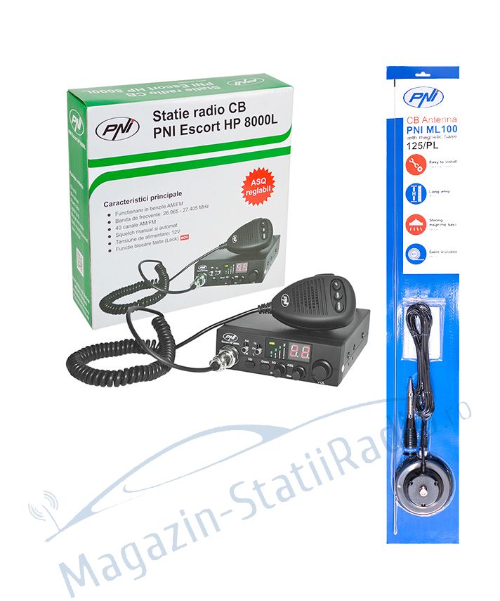 SET: Statie radio CB PNI Escort HP 8000L ASQ reglabil +Antena CB PNI ML 100, 100cm  mag 125mm inclus