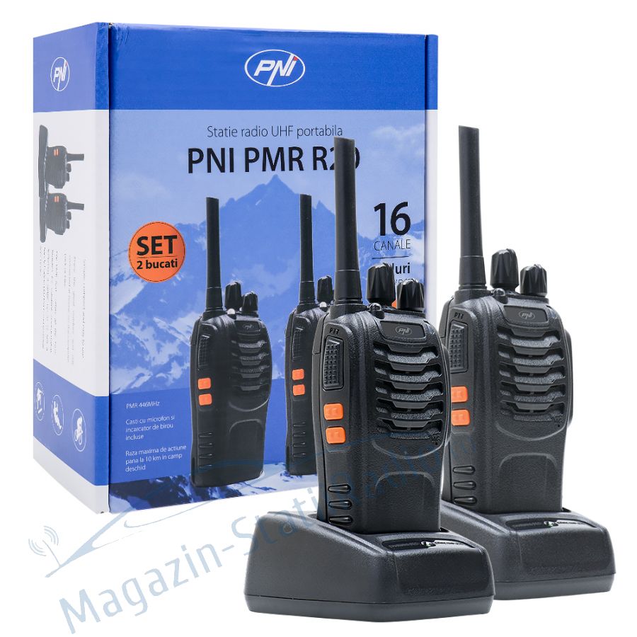 Statie radio UHF portabila PNI PMR R20 set cu 2bc acumulatori, incarcatoare si casti incluse